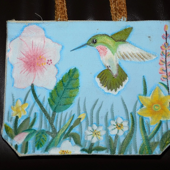 Hand Painted Small Tote Bag Hummingbird Floral Flowers 6 ¾" X 5 ½" - Picture 3 of 10